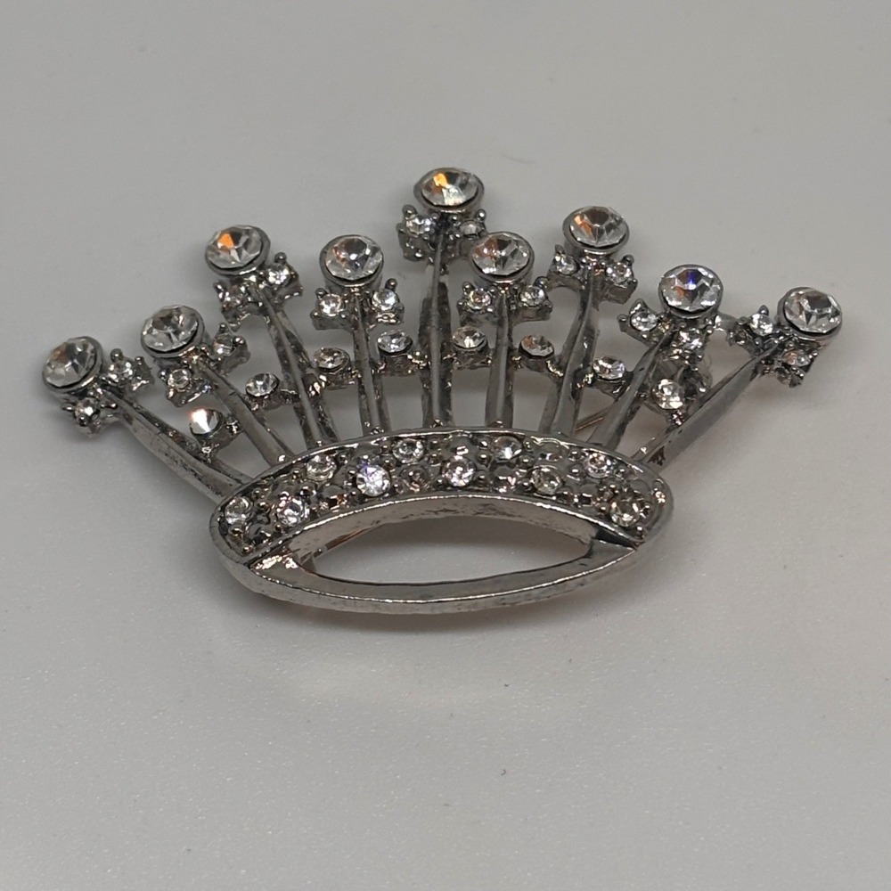 Vintage Crown Brooch Silver Tone Rhinestone Tiara Royal Statement Pin